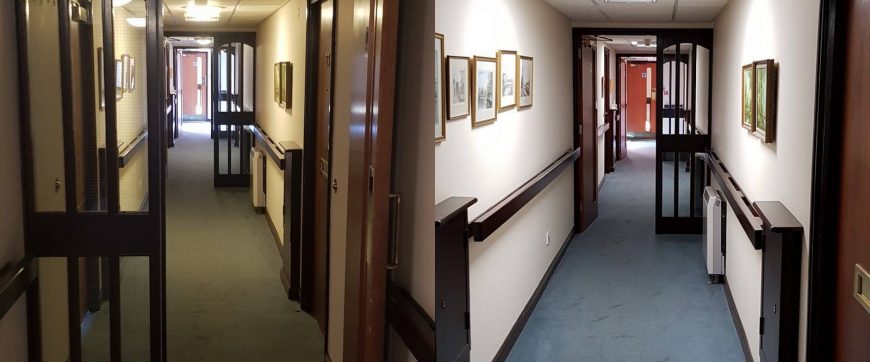 Hallway of a residential home that has been lit with LED lighting